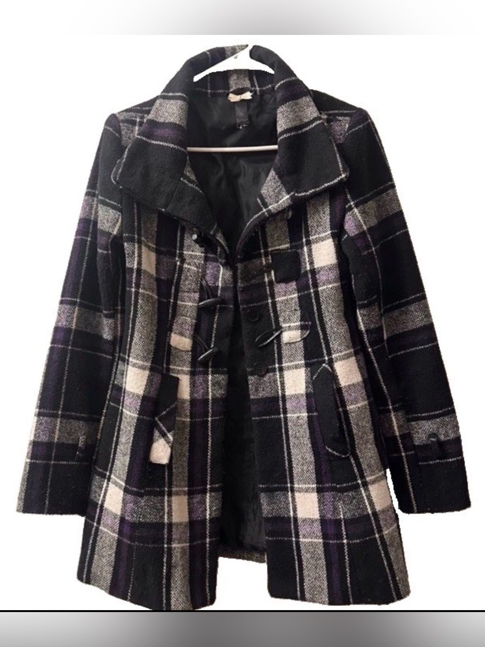Y2K Ashley by 26 International Peacoat Plaid Black Purple White Vintage S lined
